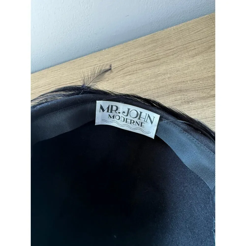 Vintage Mr. John Moderne Black Feather Pillbox Hat Fascinator Bow Accent
